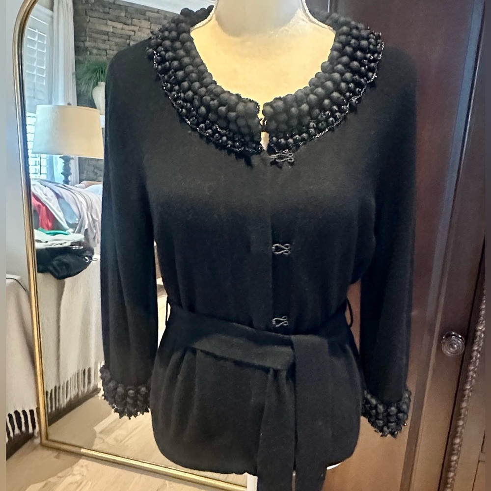 Robert Rodriguez Embellished Black Cashmere Cardigan with Belt